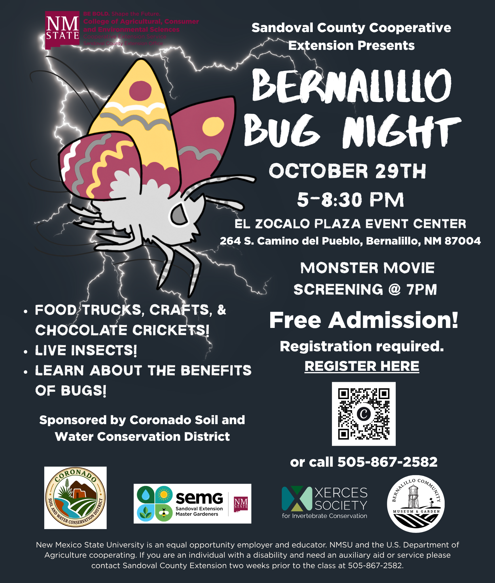 Bernalillo Bug Night flyer featuring a red and yellow giant mothlike creature over a dark background with event info. Bernalillo Bug Night takes place Thursday, October 29, 2026 at El Zocalo Plaza. Registration is required. Please call Sandoval Extension at 505-867-2582.