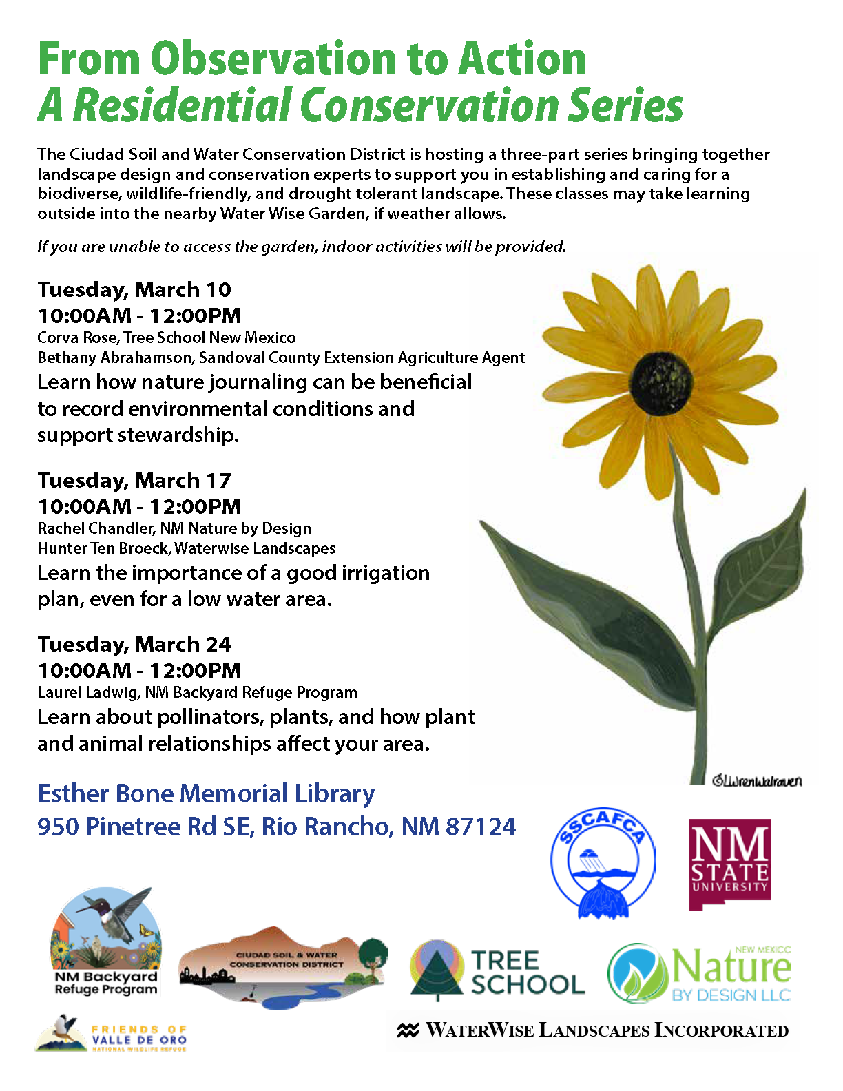 event flyer with text and drawing of a sunflower