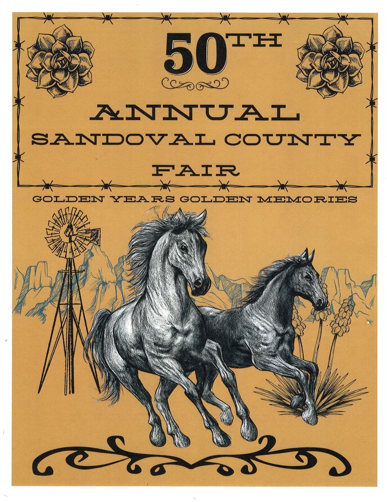 flyer for sandoval county fair featuring desert scenery, a windmill, two horses, yucca plants and black text on a brown background